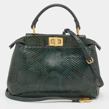 Pre Owned Fendi Green Python Mini Peekaboo Top Handle Bag