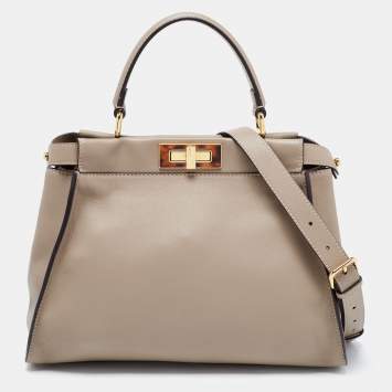 Pre Owned Fendi Beige Leather Peekaboo Medium Top Handle Bag