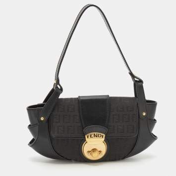 Pre Owned Fendi Black Zucchino Canvas and Leather Compilation Baguette Bag