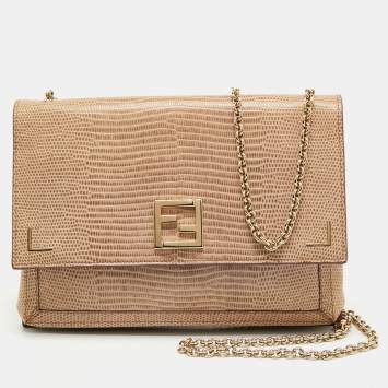 Pre Owned Fendi Beige Lizard Embossed Leather Wallet On Chain