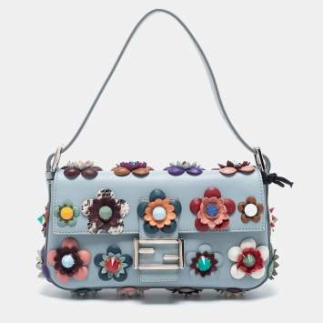Pre Owned Fendi Dust Blue Flowerland Leather Baguette Bag
