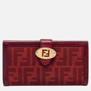 Pre Owned Fendi Red Zucca Canvas and Leather Flap Continental Wallet
