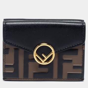 Pre Owned Fendi Black/Tobacco Zucca Embossed Leather Micro F is Fendi Trifold Wallet