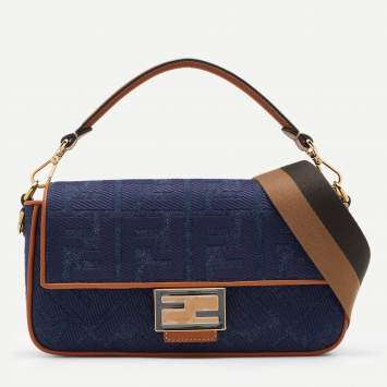 Pre Owned Fendi Blue/Brown Denim and Leather Baguette Crossbody Bag