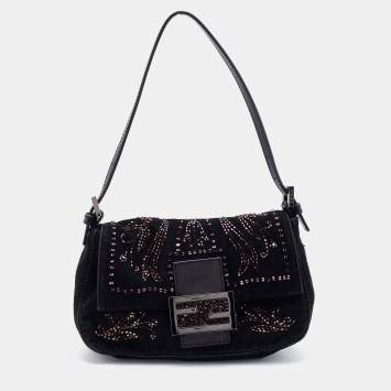 Pre Owned Fendi Black Suede Bead Embellishment Baguette Shoulder Bag