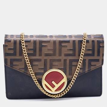 Pre Owned Fendi Brown/Black Leather Double FF Wallet On Chain
