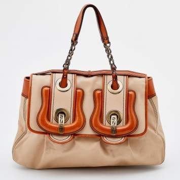 Pre Owned Fendi Beige/Tan Fabric and Leather Large B Bag Shoulder Bag