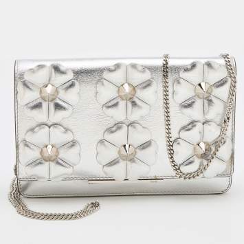 Pre Owned Fendi Metallic Silver Leather Flowerland Tube Wallet on Chain