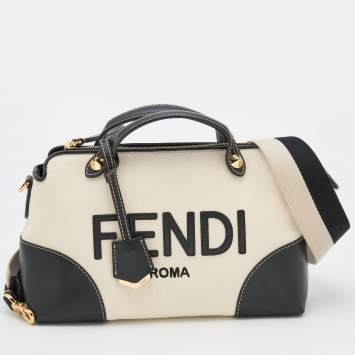 Pre Owned Fendi Off White/Black Canvas and Leather Medium By The Way Shoulder Bag