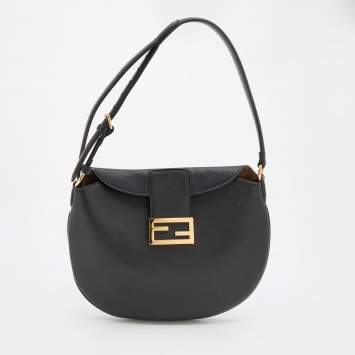 Pre Owned Fendi Black Leather Small Croissant Hobo