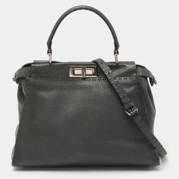 Pre Owned Fendi Grey Leather Peekaboo Top Handle Bag
