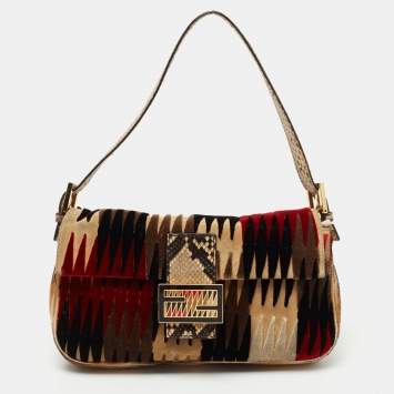 Pre Owned Fendi Multicolor Velvet, Calf Hair and Python Baguette Bag