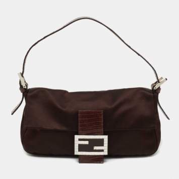 Pre Owned Fendi Brown Satin and Lizard Baguette Shoulder Bag