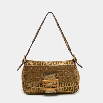 Pre Owned Fendi Metallic Gold Zucca Canvas and Leather Baguette Bag