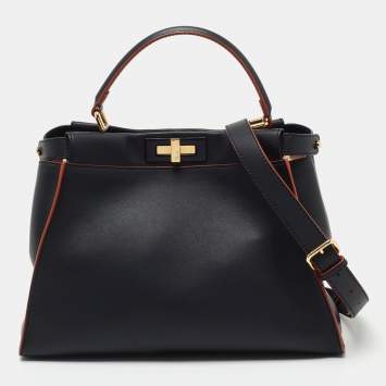 Pre Owned Fendi Navy Blue Leather Peekaboo Medium Top Handle Bag