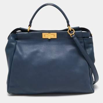 Pre Owned Fendi Blue Leather Large Peekaboo Top Handle Bag