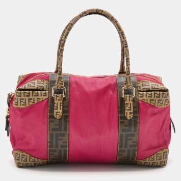 Pre Owned Fendi Pink/Brown Fabric and Zucca Coated Canvas Duffel Bag
