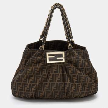 Pre Owned Fendi Brown/Black Zucca Canvas and Patent Leather Mia Shoulder Bag