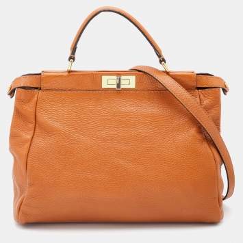 Pre Owned Fendi Brown Leather Large Peekaboo Top Handle Bag