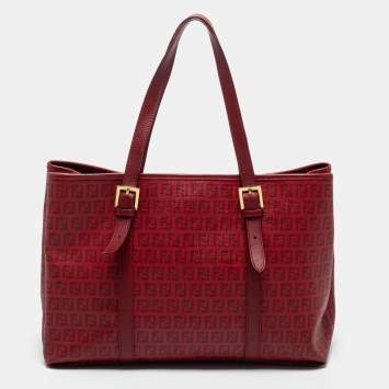 Pre Owned Fendi Burgundy Zucca Coated Canvas and Leather Tote