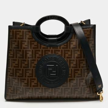 Pre Owned Fendi Tobacco/Black Zucca Coated Canvas and Leather Medium Runaway Shopper Tote
