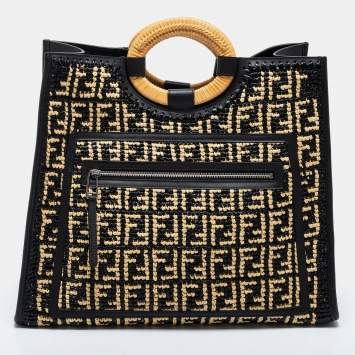 Pre Owned Fendi Black/Beige Woven Raffia and Leather Large Runaway Shopper Tote