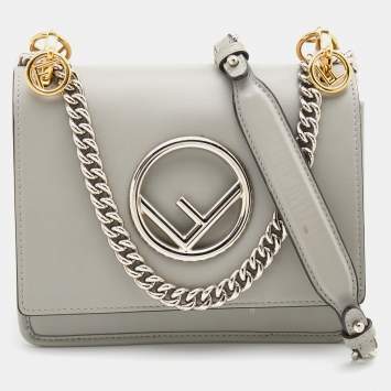 Pre Owned Fendi Grey Leather Small Kan I Flap Shoulder Bag