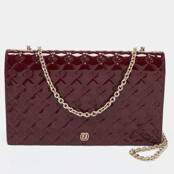 Pre Owned Fendi Burgundy Patent Leather Fendilicious Chain Clutch
