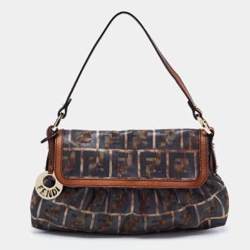 Pre Owned Fendi Brown Zucca Fabric and Lizard Embossed Leather Small Chef Shoulder Bag