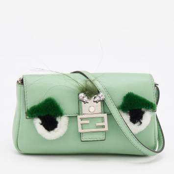مملوكة مسبقًا Fendi Green Leather and Fur Micro Monster Baguette Bag