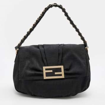 Pre Owned Fendi Black Zucca Fabric and Patent Leather Mia Flap Shoulder Bag