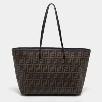 Pre Owned Fendi Tobacco Zucca Coated Canvas and Leather Medium Roll Shopper Tote