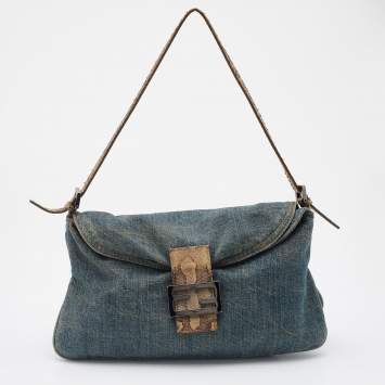 Pre Owned Fendi Blue Denim Baguette Bag