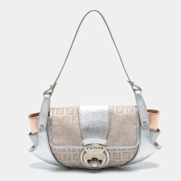Pre Owned Fendi Silver/Rose Gold Zucchino Fabric and Leather Compilation Hobo