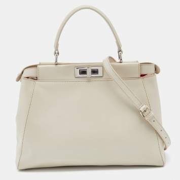 Pre Owned Fendi Off White Leather Medium Peekaboo Top Handle Bag