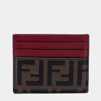 Pre Owned Fendi Red/Brown Zucca Print Leather Card Holder