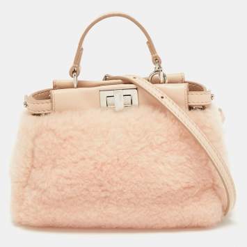 Pre Owned Fendi Powder Pink Shearling and Leather Micro Peekaboo Top Handle Bag