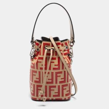 Pre Owned Fendi Beige/Red Monogram Embossed Leather Mini Mon Tresor Drawstring Bucket Bag