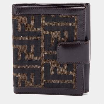 Pre Owned Fendi Brown Zucca Canvas and Leather FF Flap Compact Wallet