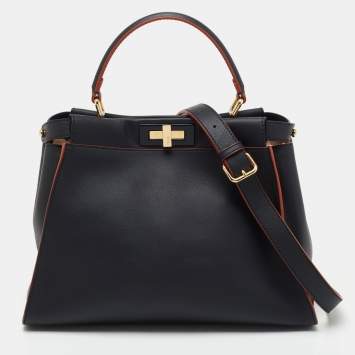 Pre Owned Fendi Dark Blue Leather Medium Peekaboo Top Handle Bag
