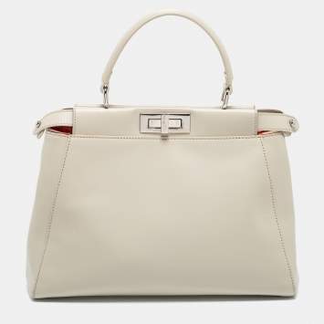 Pre Owned Fendi Off White Leather Medium Peekaboo Top Handle Bag