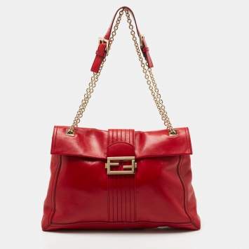 Pre Owned Fendi Red Leather Maxi Baguette Shoulder Bag