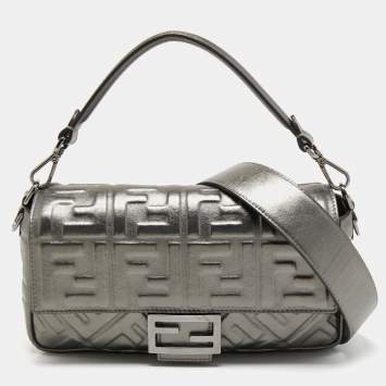 Pre Owned Fendi Metallic Grey Monogram Embossed Leather Baguette Shoulder Bag