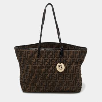 Pre Owned Fendi Tobacco Quilted Zucca Fabric and Patent Leather Roll Tote