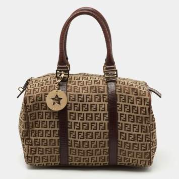 Pre Owned Fendi Brown Zucchino Canvas and Leather Forever Bauletto Boston Bag