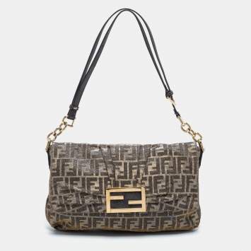 Pre Owned Fendi Silver/Gold Zucca Lurex Fabric Mia Flap Shoulder Bag