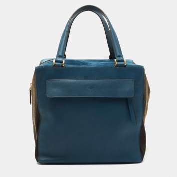 Pre Owned Fendi Blue/Brown Leather and Pequin Stripe Canvas Satchel