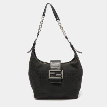 Pre Owned Fendi Black Zucca Canvas and Leather Hobo