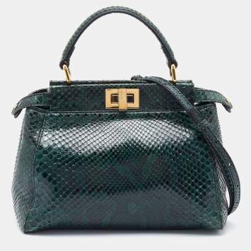 Pre Owned Fendi Green/Black Python Leather Mini Peekaboo Top Handle Bag
