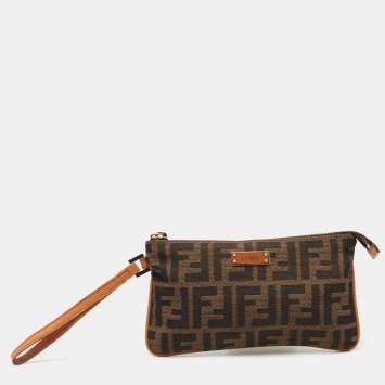 Pre Owned Fendi Beige/Brown Zucca Canvas and Leather Wristlet Pouch
